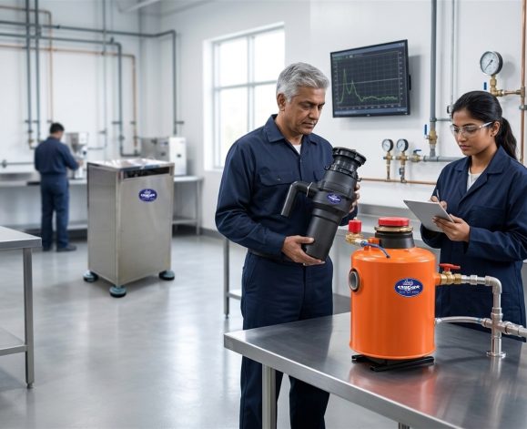 Indian engineers testing Sharp Crusher food waste disposers in the Coimbatore R&D lab