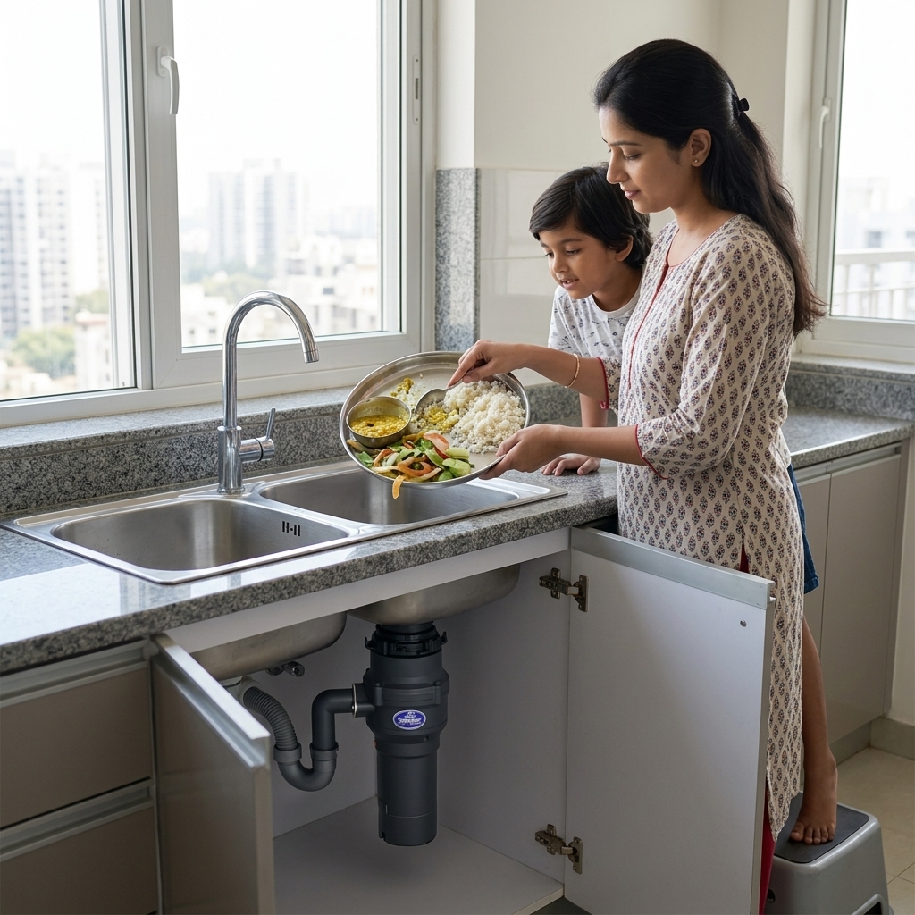 Sharp Crusher domestic food waste disposer installed under an apartment kitchen sink