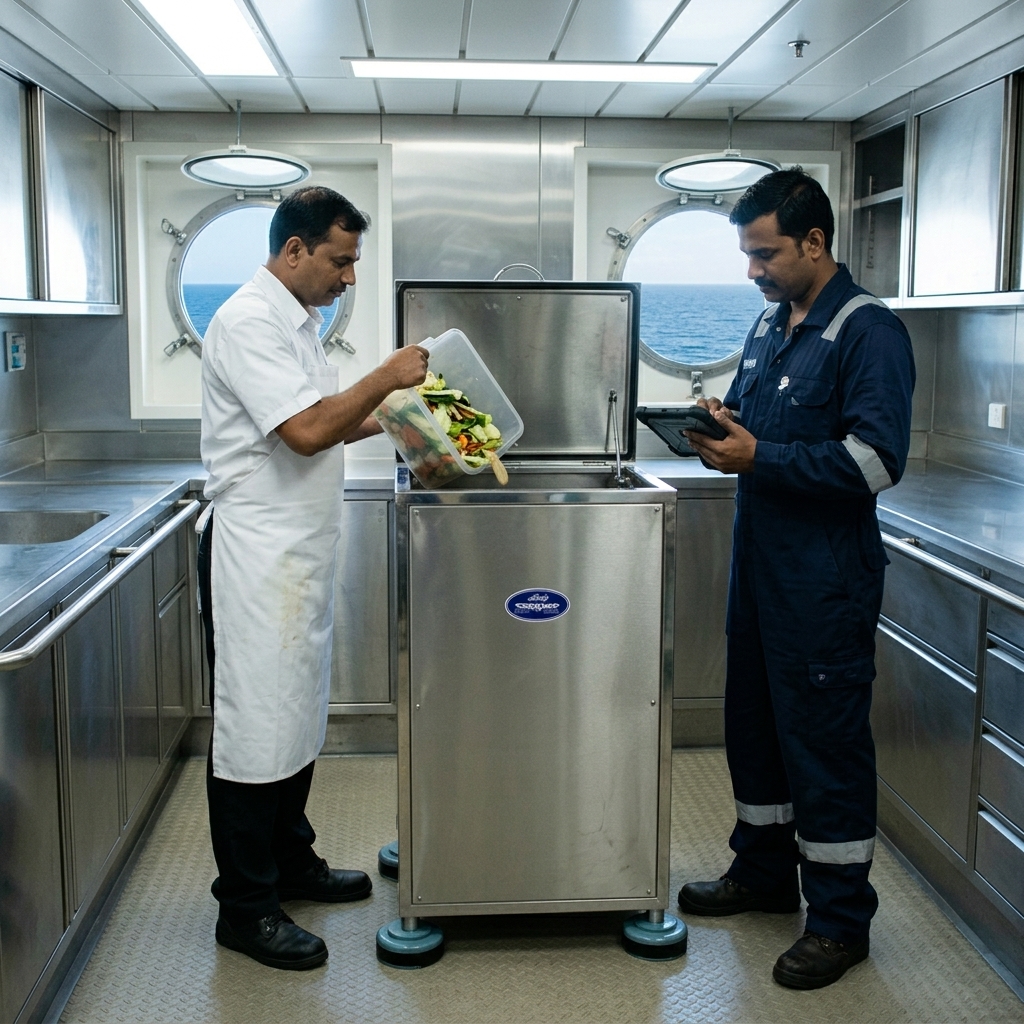 Ship galley crew using a Sharp Crusher standalone food waste crusher