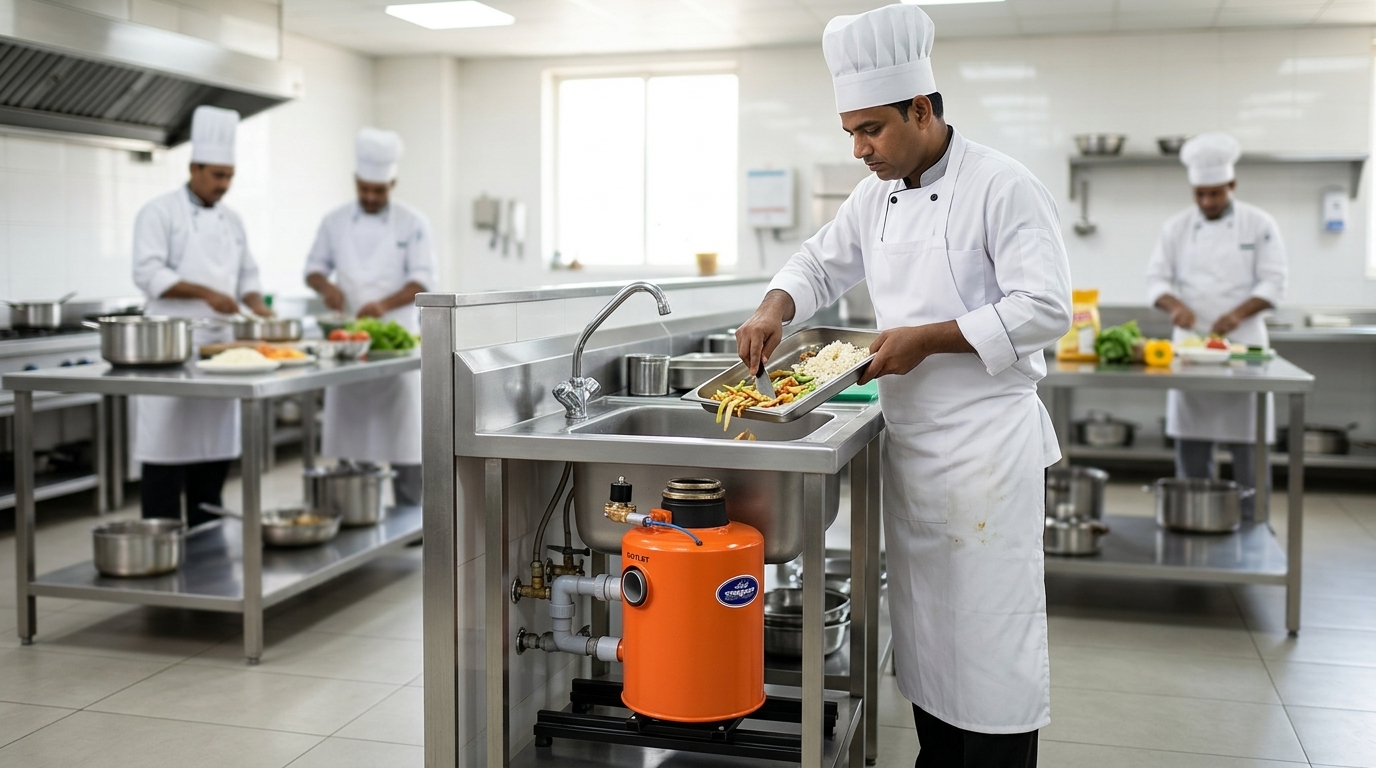Chef using a Sharp Crusher commercial food waste crusher in a restaurant kitchen