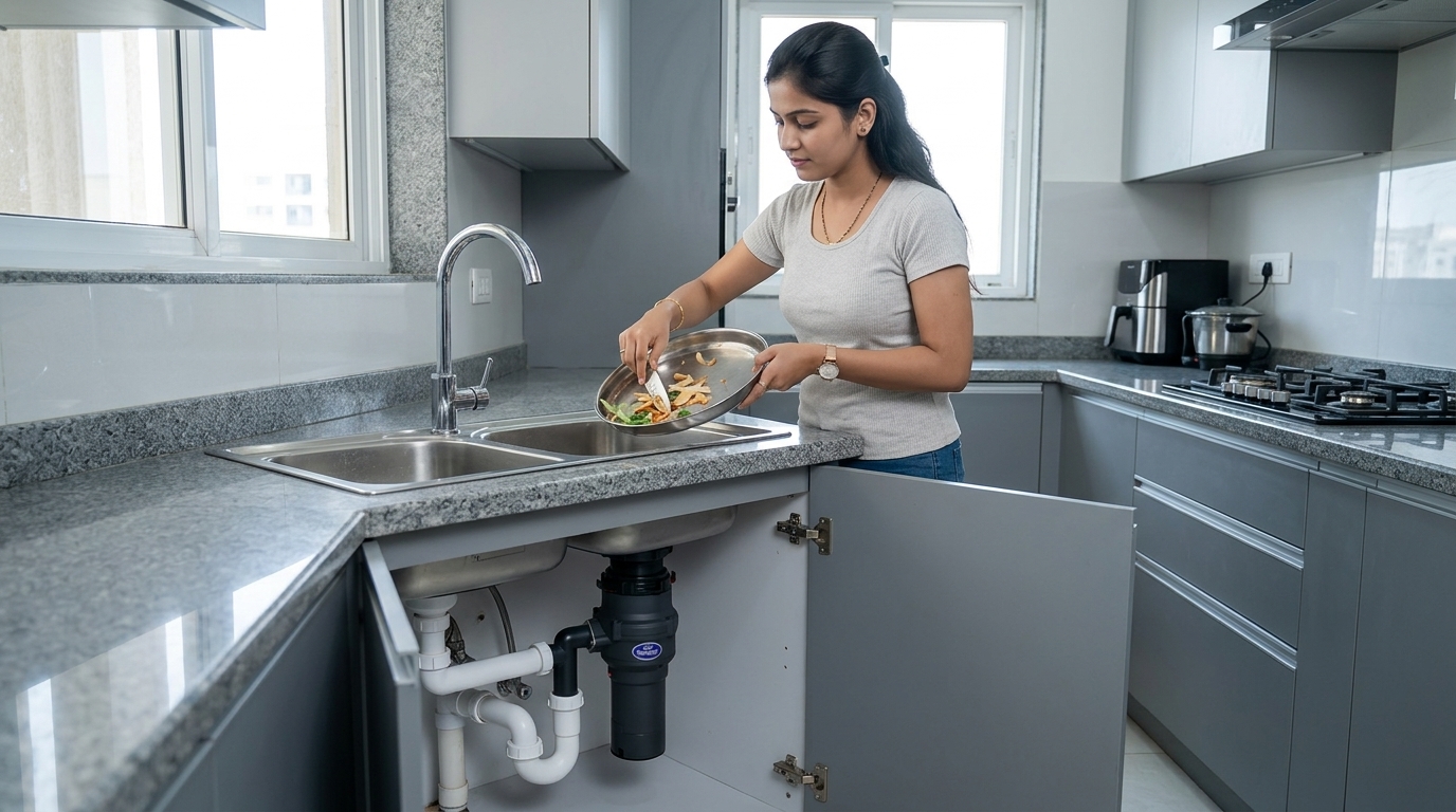 Sharp Crusher domestic food waste disposer installed under a kitchen sink
