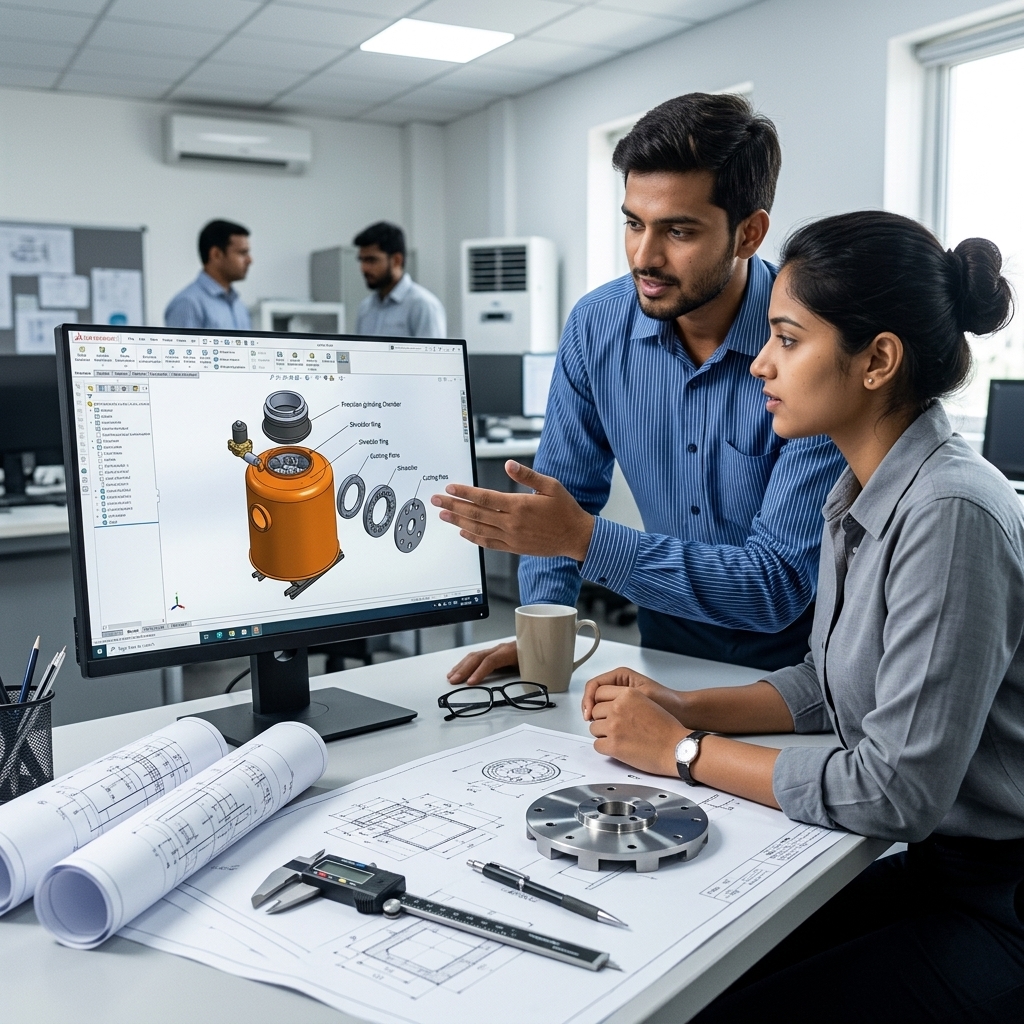 Engineers reviewing a CAD model of the Sharp Crusher grinding chamber