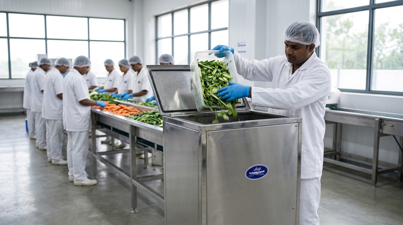 Worker loading vegetable trimmings into a Sharp Crusher standalone unit
