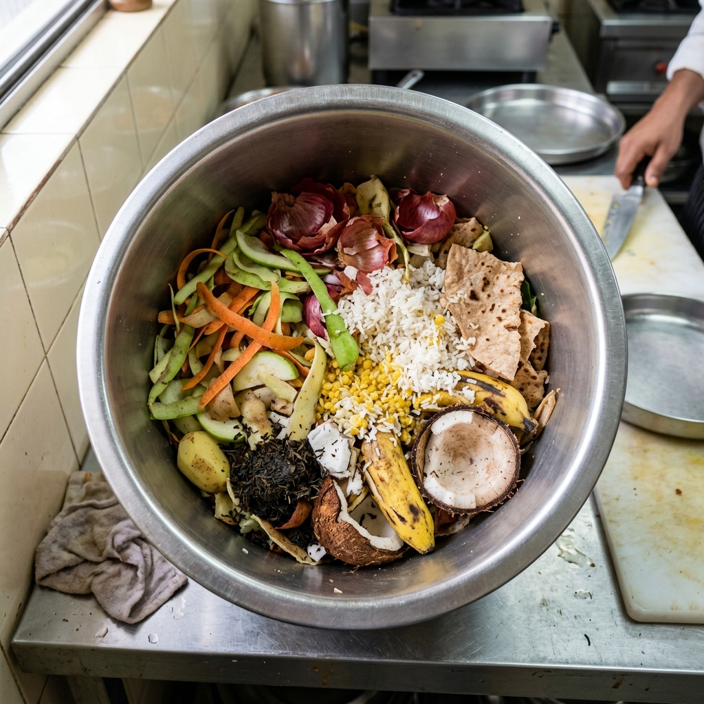 Kitchen food waste collected in a stainless steel bin