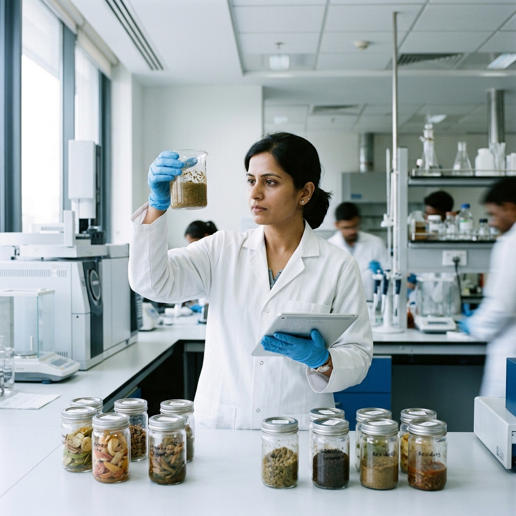 Researcher examining food waste slurry samples in the lab