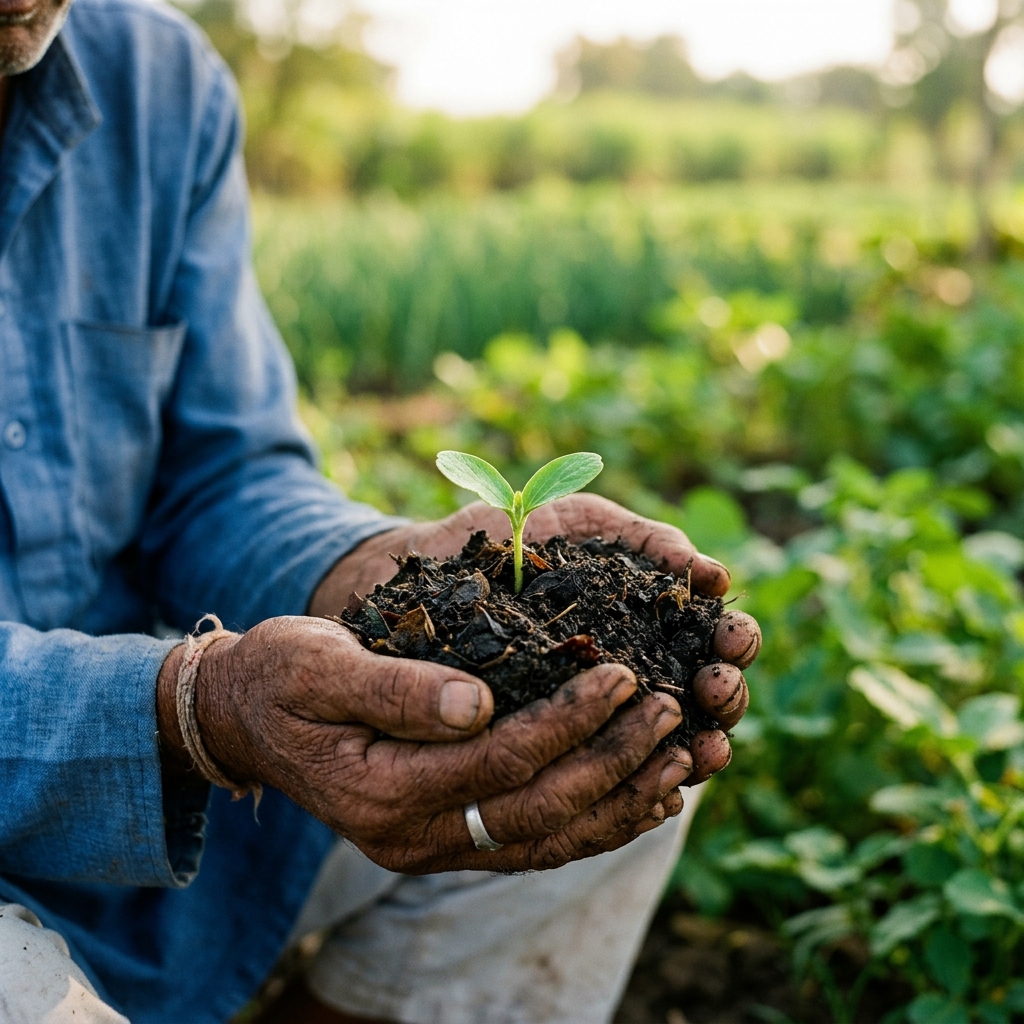 Farmer holding compost made from recovered food waste