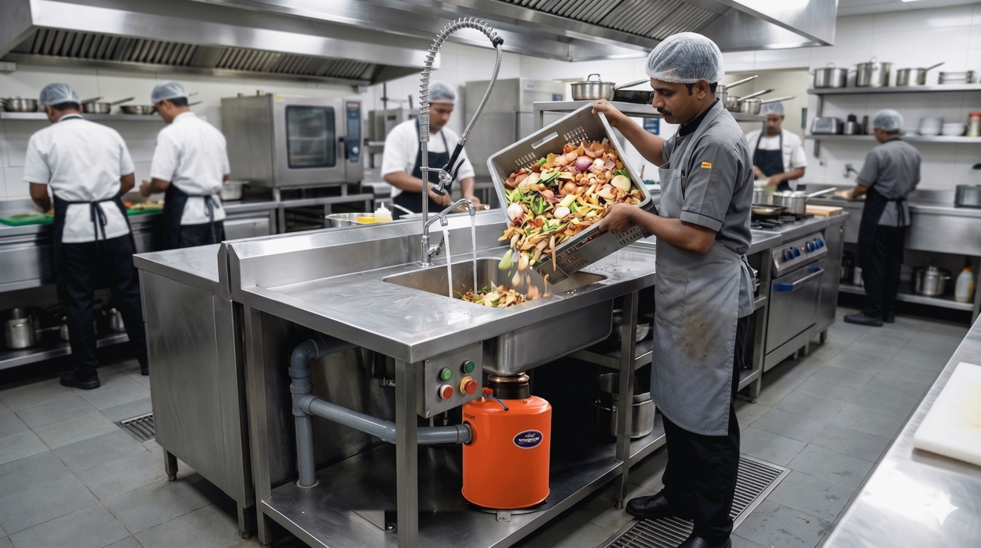 Indian chef feeding vegetable waste into a Sharp Crusher food waste disposer under a commercial kitchen sink