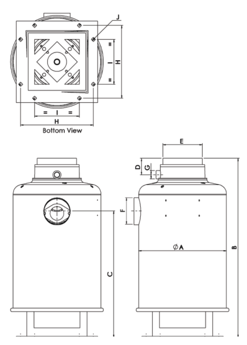 Tabletop Series dimension drawing: bottom, side and front views marked A to J